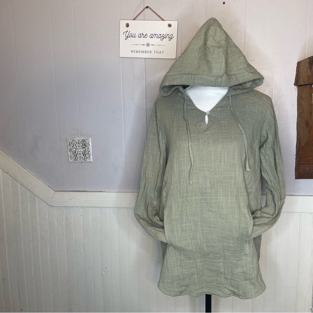 J. JILL Green Gauzy Cotton Lagenlook Oversize Hooded Top Size XS